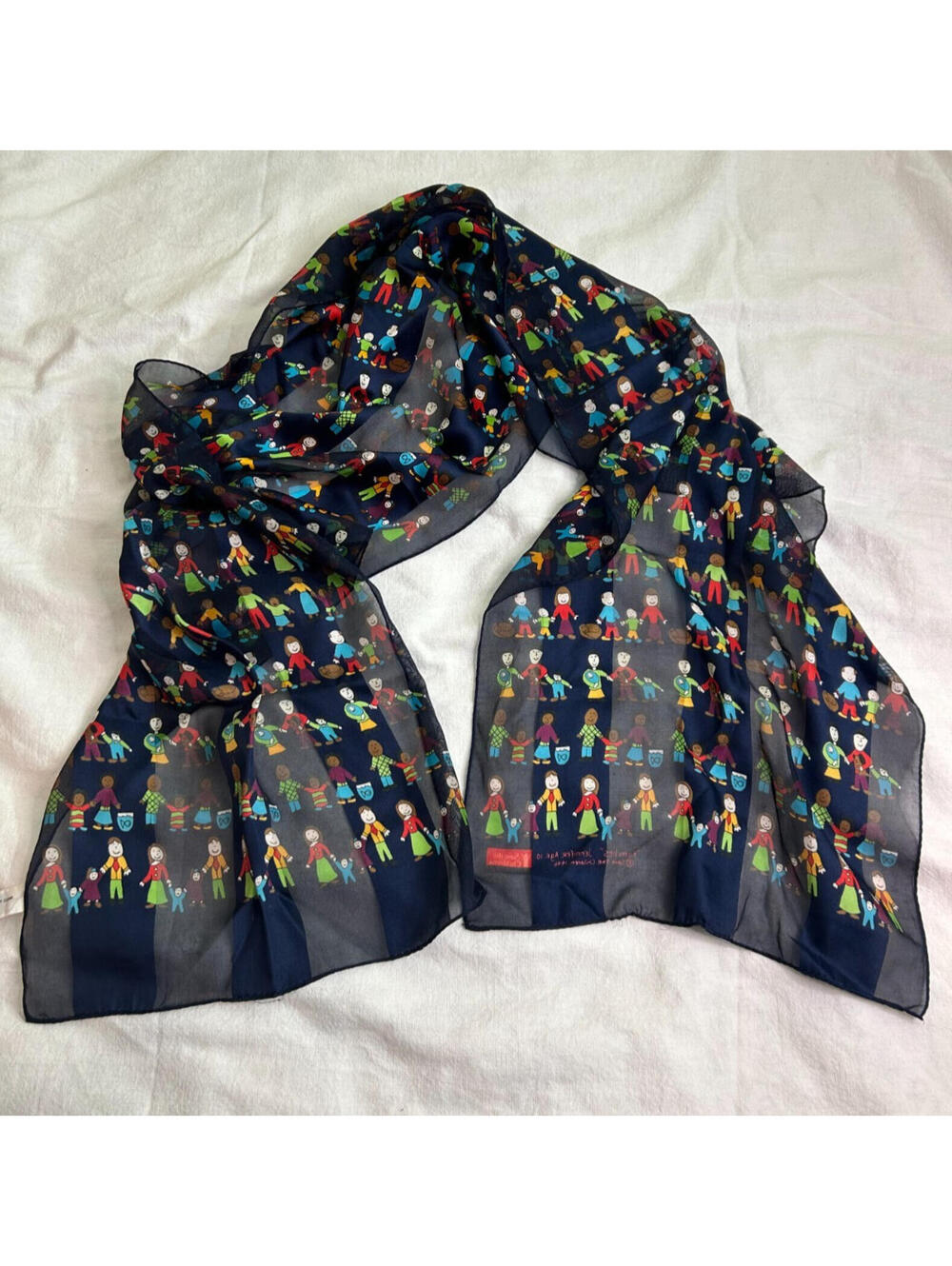 Vintage Echo Scarf Whimsical Children Holding Hands Navy Korea RN 26128